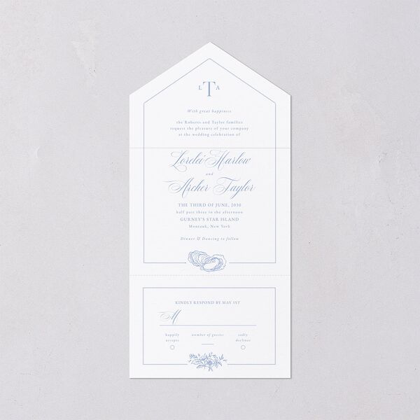 Coastal Oysters and Anchors All-in-One Wedding Invitations Sea Blue Signature Light Both Recipient and Return Addresses No