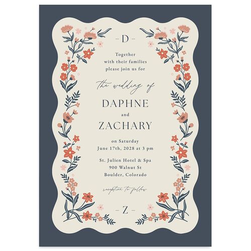 Flora Garden Border Wedding Invitations Moody Blue Signature Blank No Standard