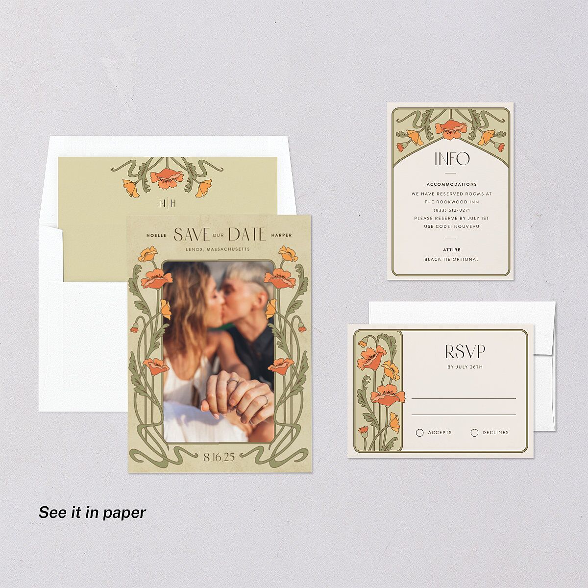 Vintage Nouveau Floral Digital Save the Date Cards Pear Dusty Blue Lets Celebrate Standard