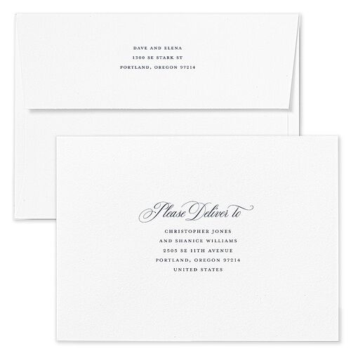 Grand Calligraphy Save The Date Card Envelopes White Moody Blue Both Recipient and Return Addresses Signature Standard