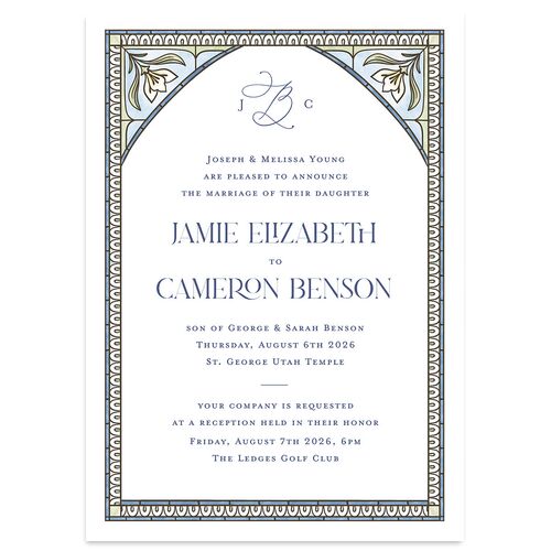 Church Stained Glass Wedding Invitations Moody Blue Signature Blank No Standard