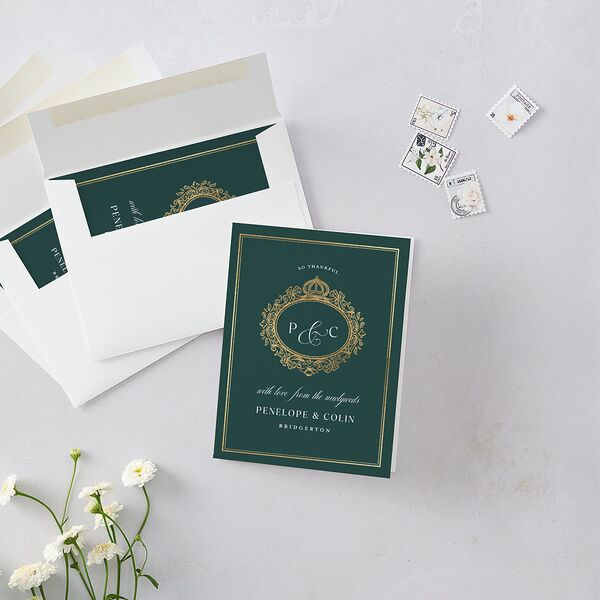 Glamorous Crown Monogram Crest Thank You Cards by Bridgerton Gold Deep Lake