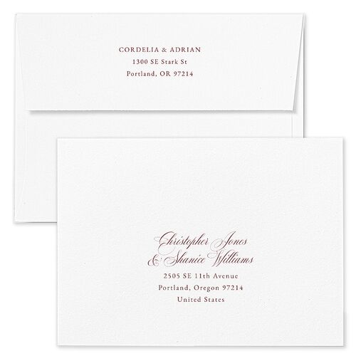 Ornate Lace Save The Date Card Envelopes White Maroon Both Recipient and Return Addresses Signature Standard