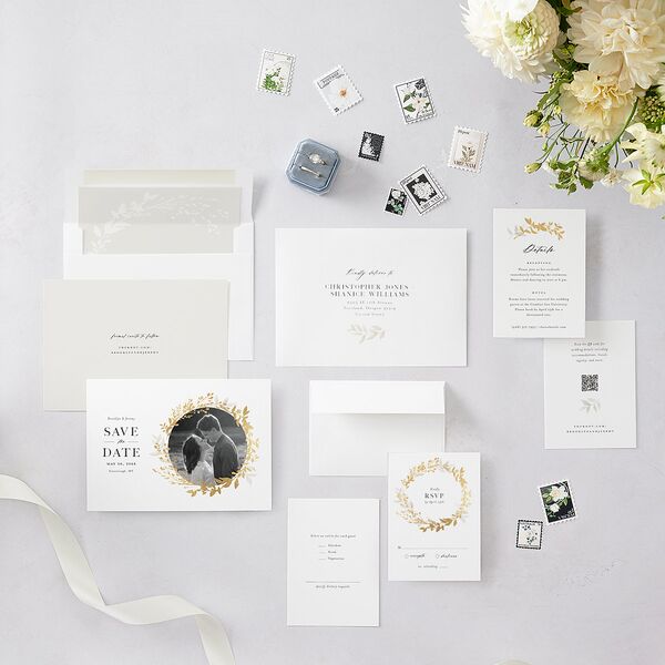 Shining Wreath Foil Save the Date Cards Pure White Gold Signature smooth Blank No Standard