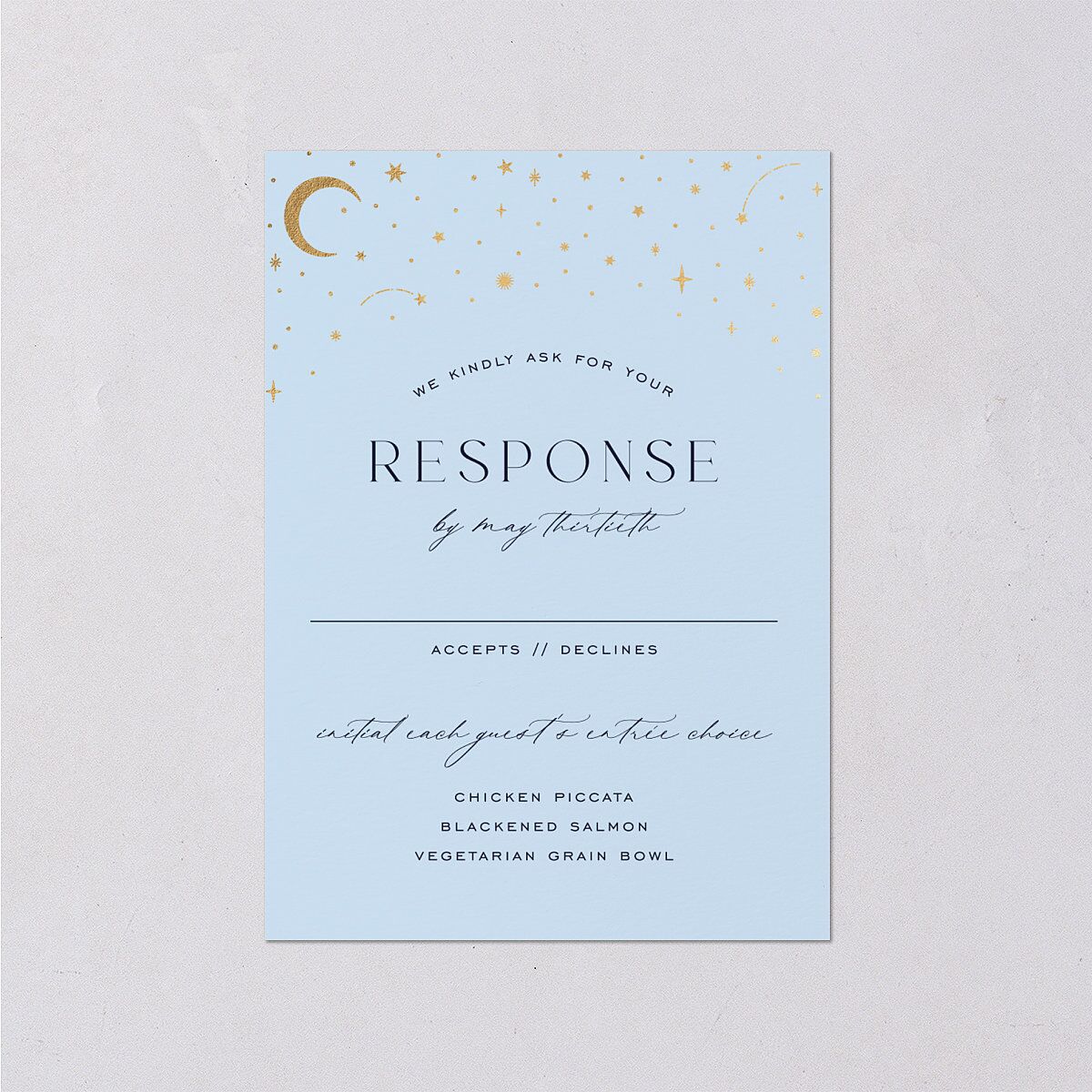 Celestial Arch Wedding Response Cards Gold Navy Signature Standard
