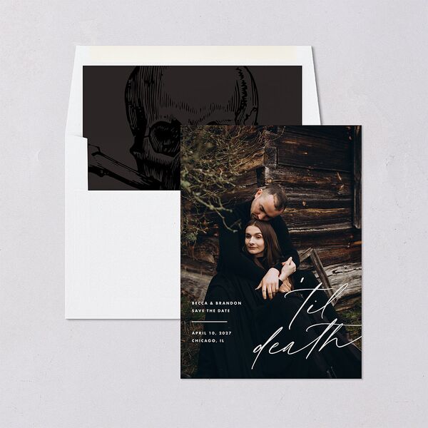Til Death Save the Date Cards Licorice Signature smooth Blank No Arch