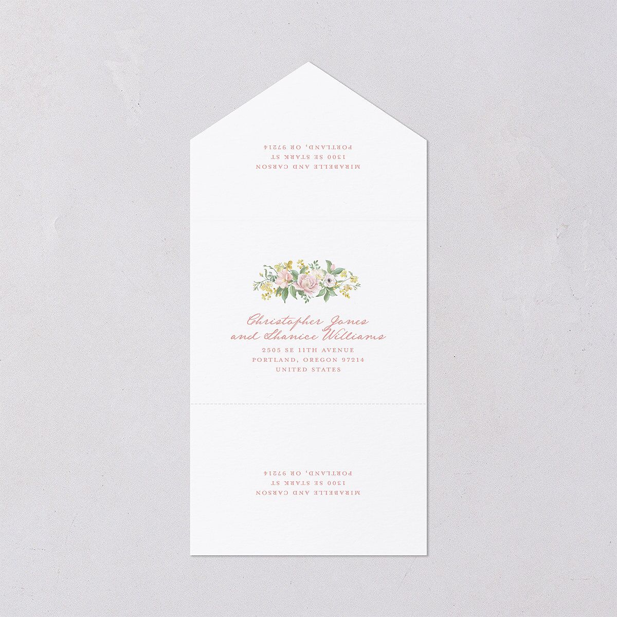 Maximalist Floral Crest All-in-One Wedding Invitations Pink Cotton Signature Light Both Recipient and Return Addresses No