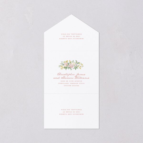 Maximalist Floral Crest All-in-One Wedding Invitations Pink Cotton Signature Light Both Recipient and Return Addresses No