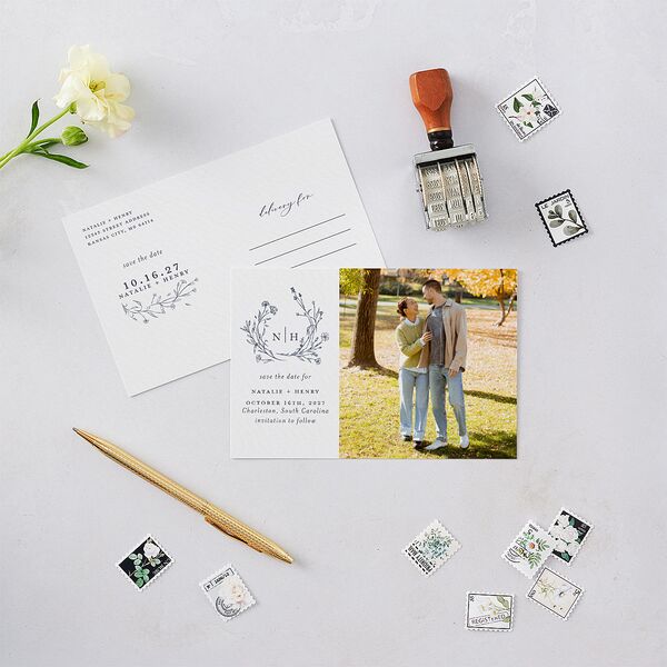 Natural Monogram Save The Date Postcards Midnight Navy