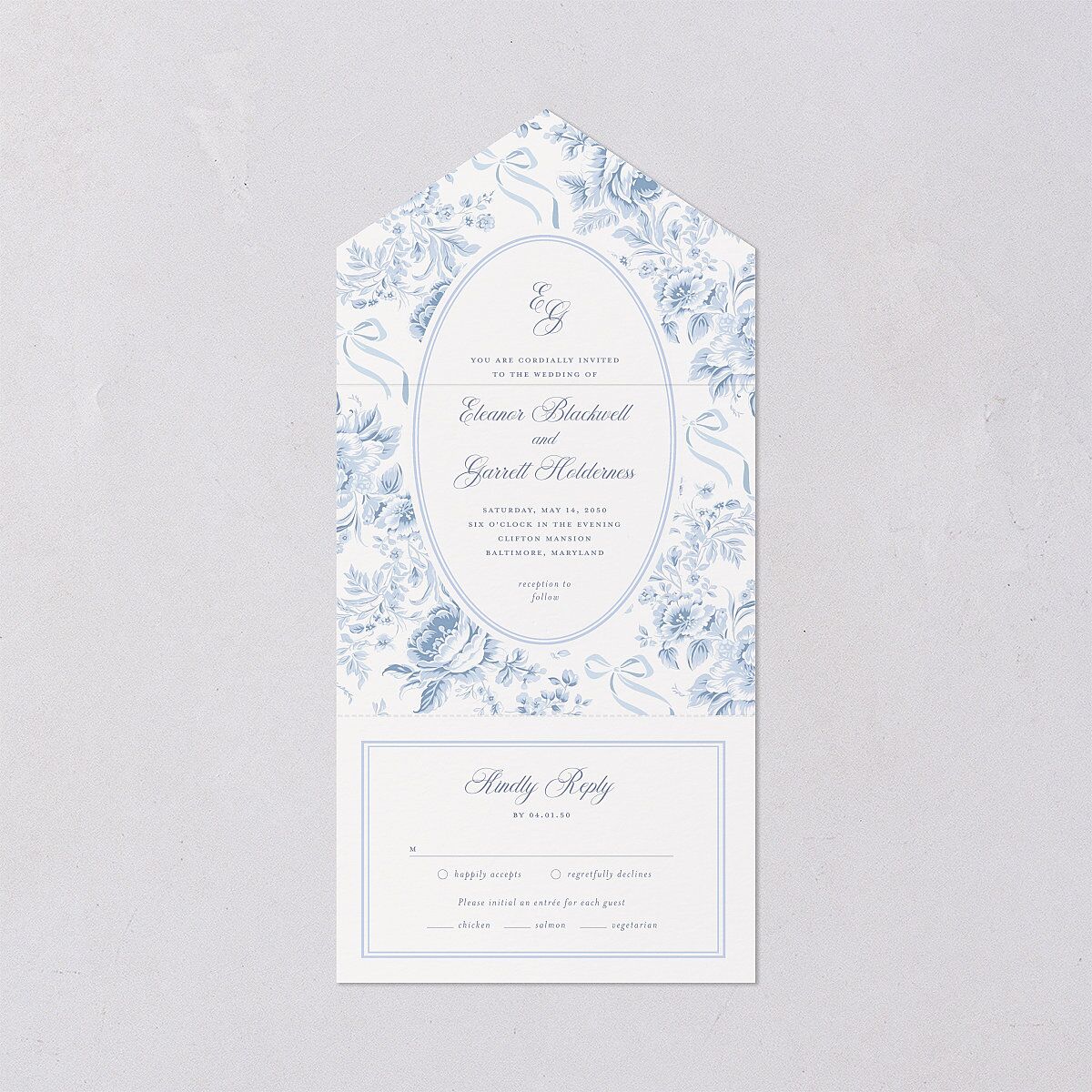 Vintage French Floral Toile All-in-One Wedding Invitations Dusty Blue Signature Light Both Recipient and Return Addresses No