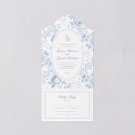 Vintage French Floral Toile All-in-One Wedding Invitations Dusty Blue Signature Light Both Recipient and Return Addresses No