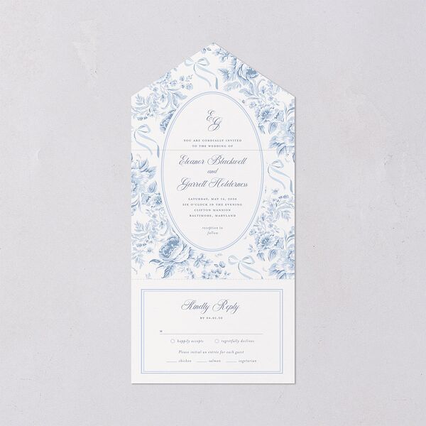 Vintage French Floral Toile All-in-One Wedding Invitations Dusty Blue Signature Light Both Recipient and Return Addresses No