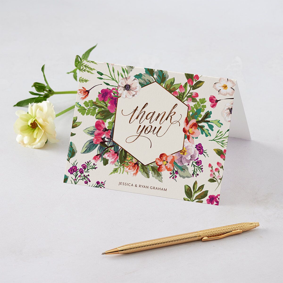 Bronze Floral Frame Thank You Cards Ivory Signature