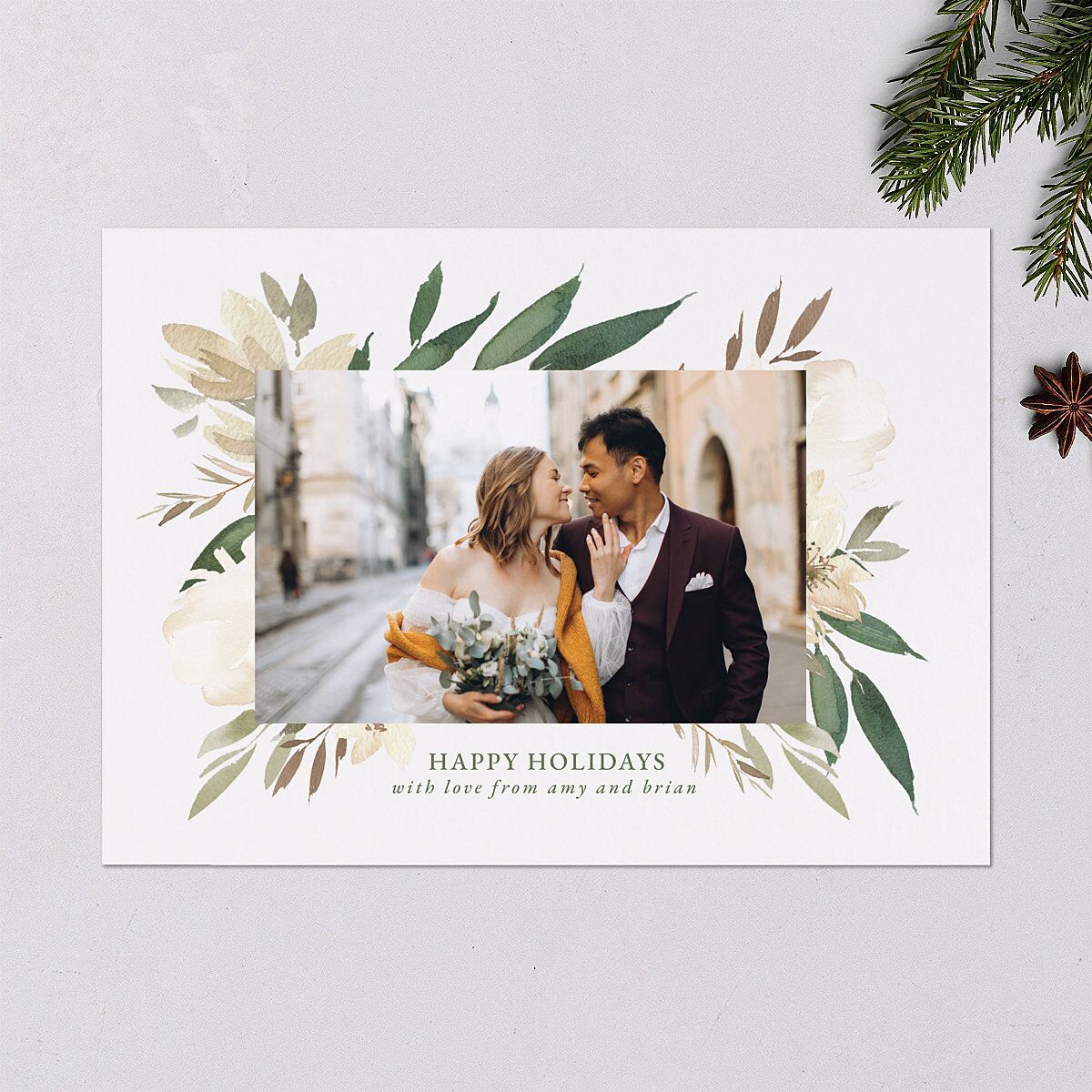 Holiday Greenery Frame Holiday Cards Deep Olive Signature Blank Standard Landscape
