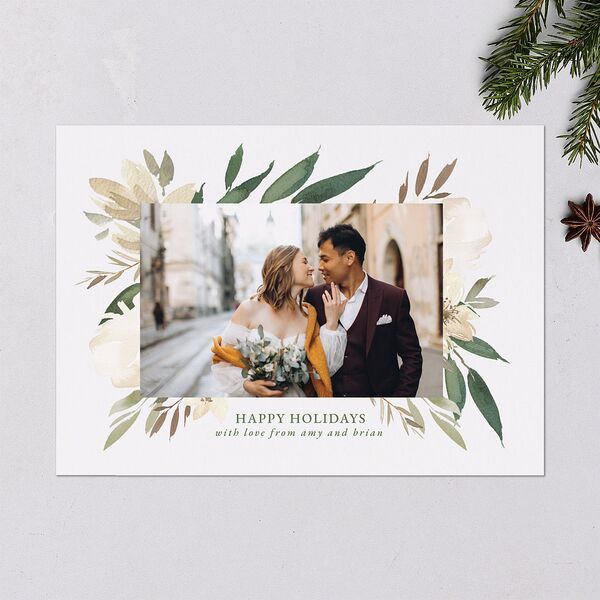 Holiday Greenery Frame Holiday Cards Deep Olive Signature Blank Standard Landscape