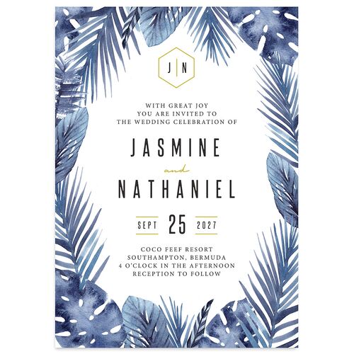 Tropical Leaves Wedding Invitations Midnight Navy Signature Blank No