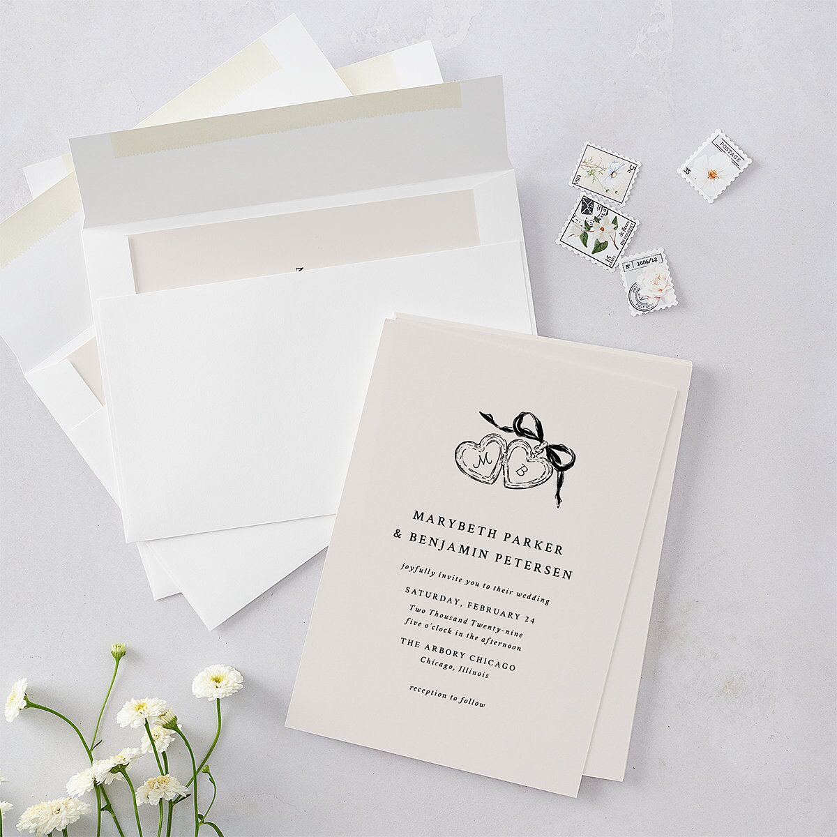 Hand Drawn Vintage Locket Wedding Invitations Linen Signature Blank No Standard