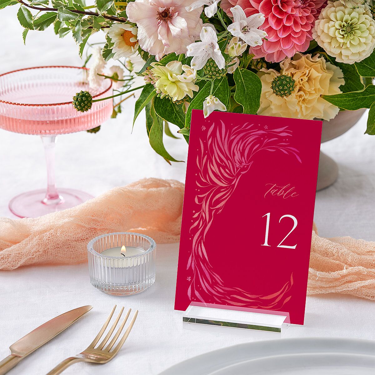 Chinese Phoenix Fenghuang Table Numbers Rose Pink Signature
