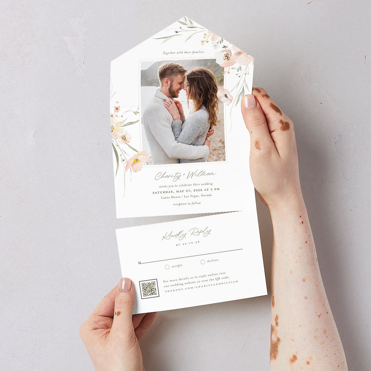 Floral Photo All-in-One Wedding Invitations Blush Signature Light Both Recipient and Return Addresses No