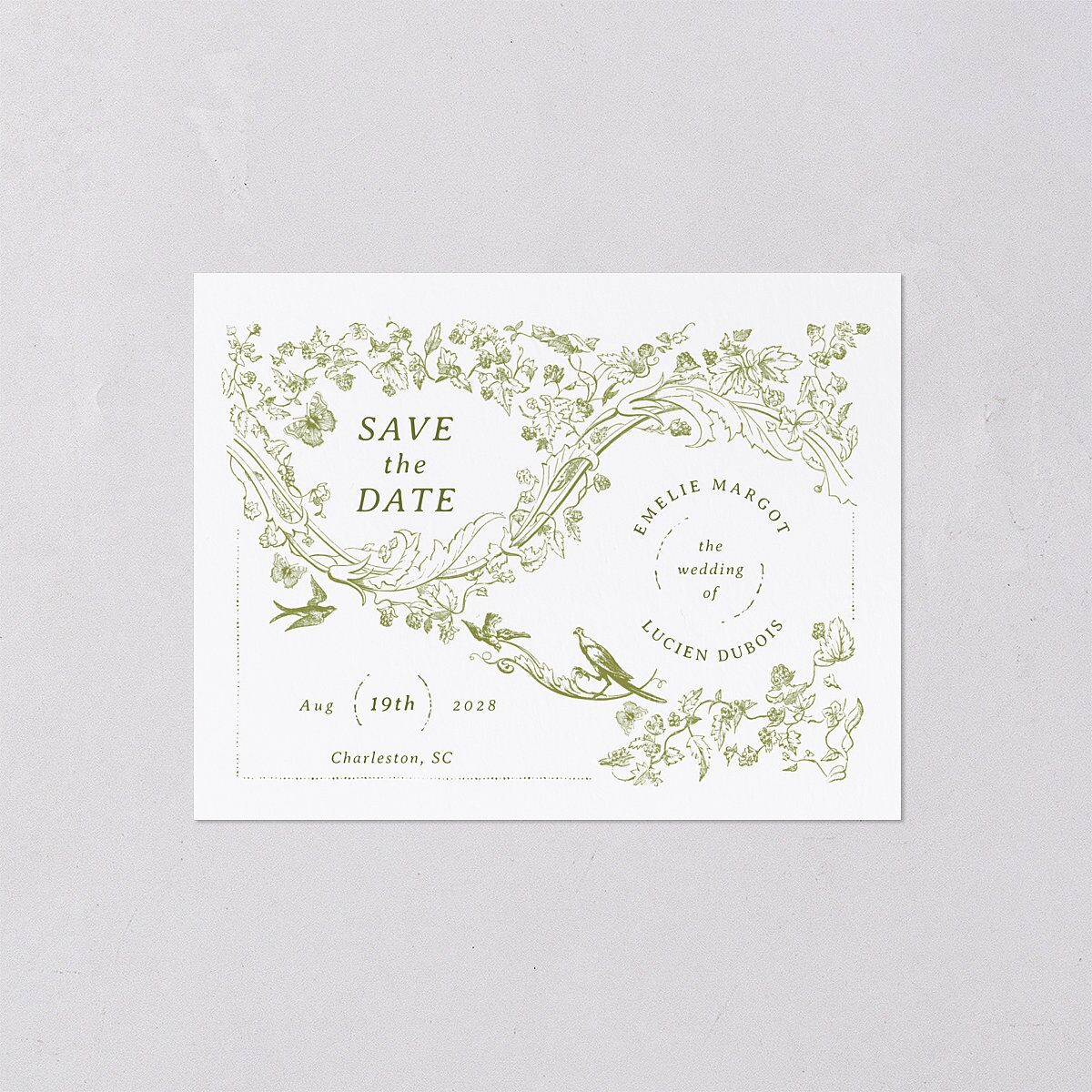 Vintage Toile Save the Date Petite Cards Dark Camo Signature smooth Blank No Standard
