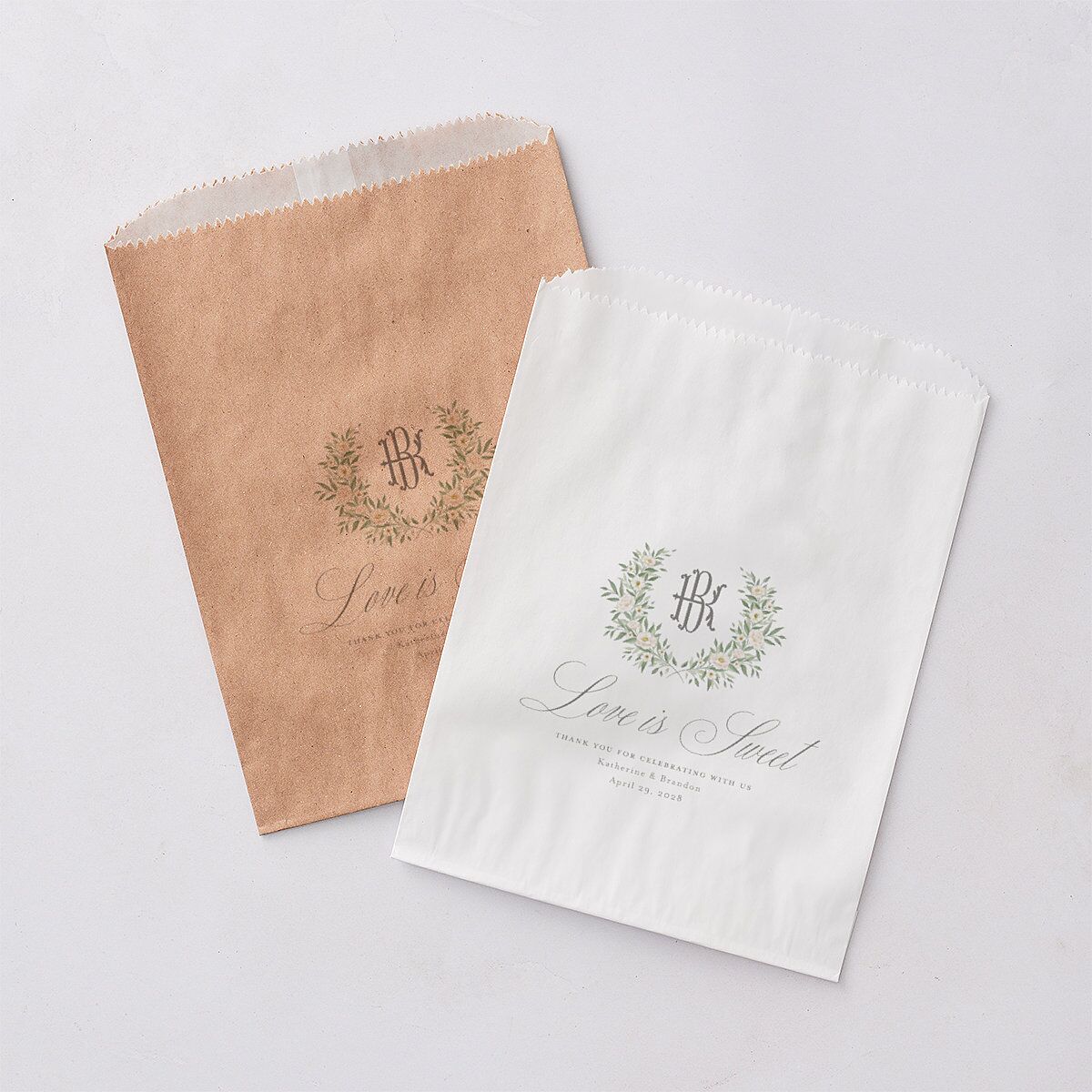 Luxury Floral Monogram Wedding Day Paper Favor Bags Cotton White Wax-Lined Food Safe Paper