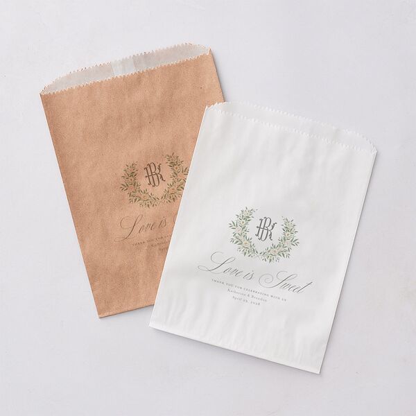 Luxury Floral Monogram Wedding Day Paper Favor Bags Cotton White Wax-Lined Food Safe Paper