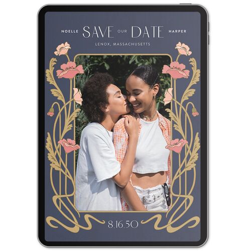 Vintage Nouveau Floral Digital Save the Date Cards Moody Blue Concrete Lets Celebrate Standard