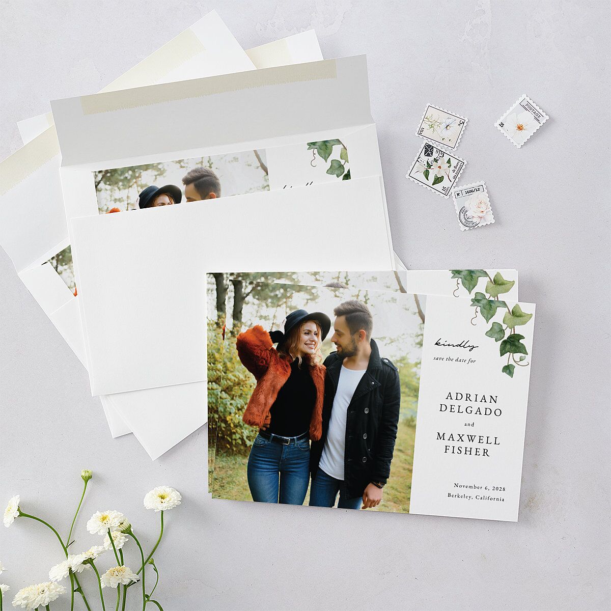 Elegant Ivy Save The Date Cards Pure White Signature smooth Blank No