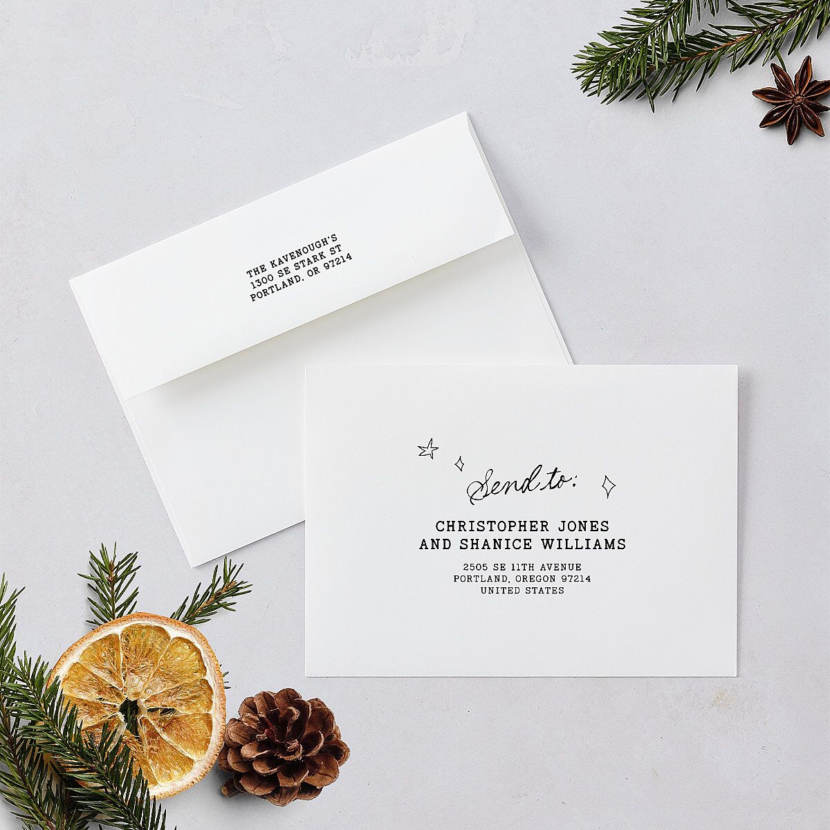 More Kids More Magic Hand Drawn Starry Photo Holiday Card Envelopes White Cream Both Recipient and Return Addresses Standard Signature