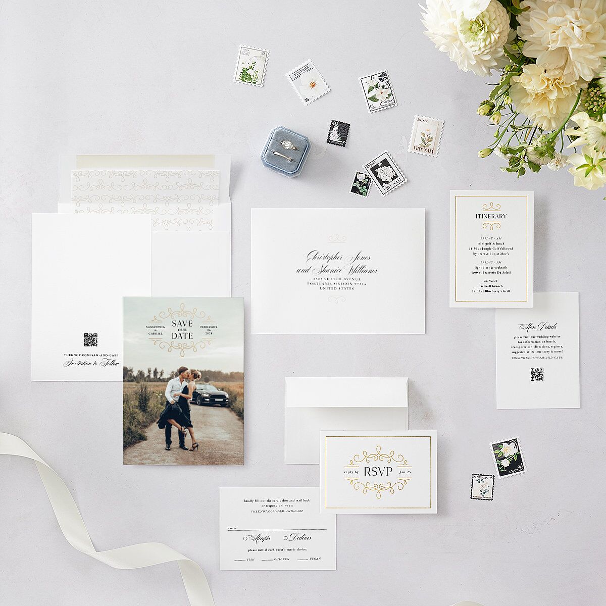 Monogram Flourish Foil Save the Date Cards Pure White Gold Signature smooth Blank No Arch