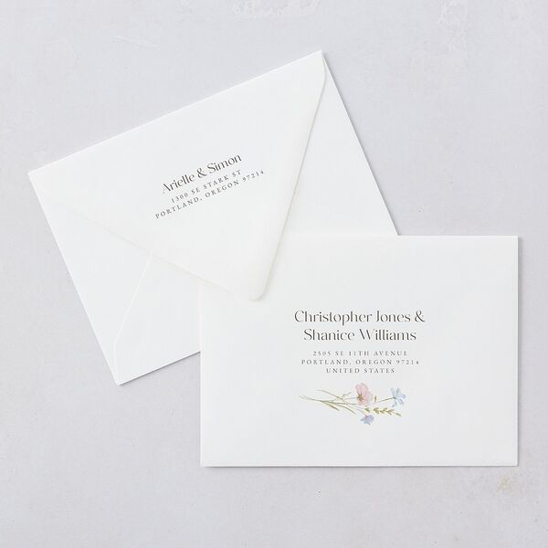 Wildflower Photo Wedding Invitation Euro Envelopes White Lilac Both Recipient and Return Addresses Luxe Signature