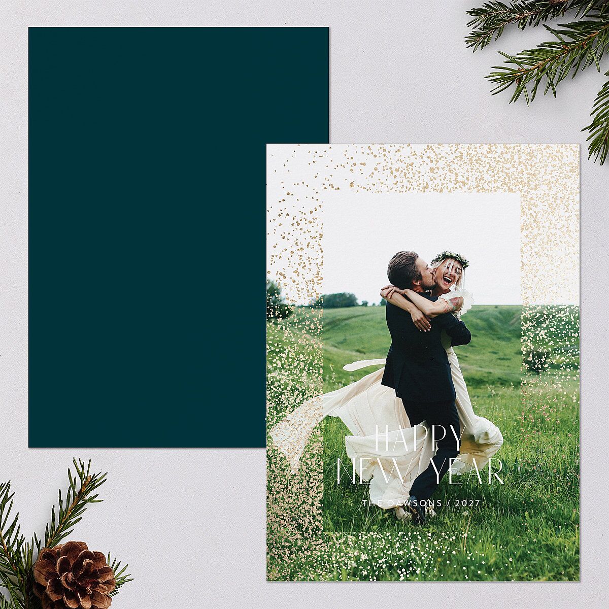Shimmering New Year Holiday Cards Gold Ink Blue Signature Blank Standard Portrait