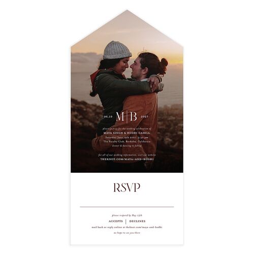 Monogram Portrait All-in-One Wedding Invitations Burgundy Signature Light Both Recipient and Return Addresses No