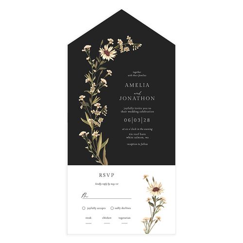 Wild Daisies All-in-One Wedding Invitations Charcoal Signature Light Both Recipient and Return Addresses No