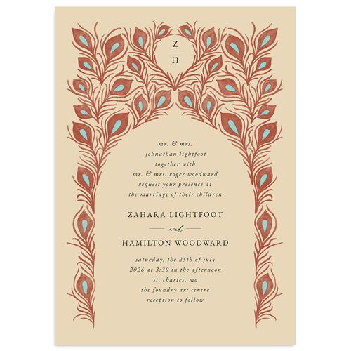 Peacock Nouveau Wedding Invitations Gold Tan Signature Blank No Standard