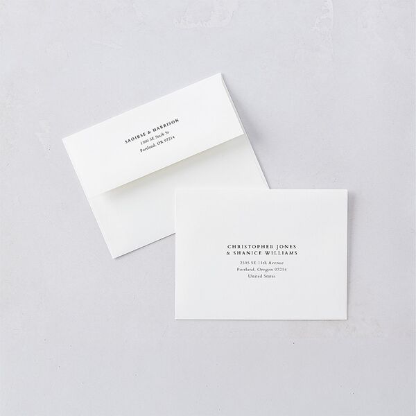 Elegant Editorial Page Save the Date Petite Card Envelopes Champagne White Both Recipient and Return Addresses Signature Standard