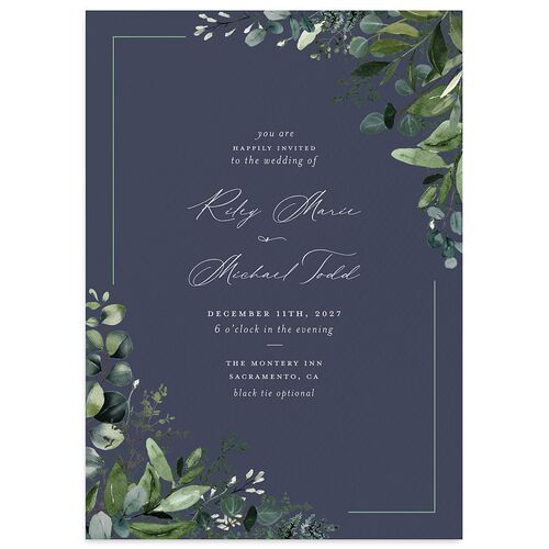 Gorgeous Greenery Wedding Invitations Navy Signature Blank No Standard