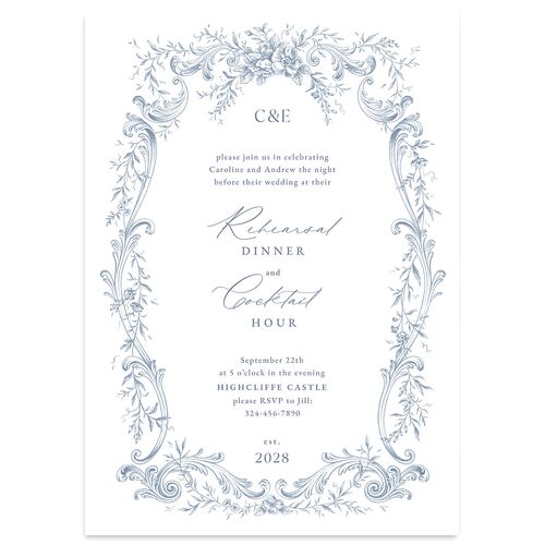 Antique Victorian Botanical Rehearsal Dinner Invitations Dusty Blue Signature Blank Standard