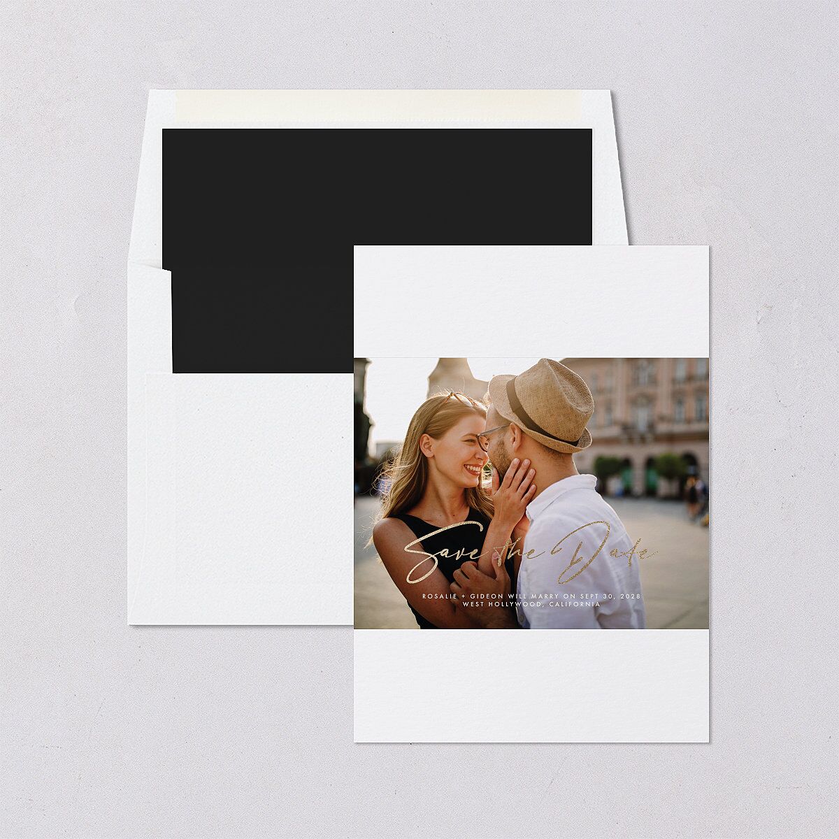 Refined Frame Save The Date Cards Gold Snow Signature smooth Blank No