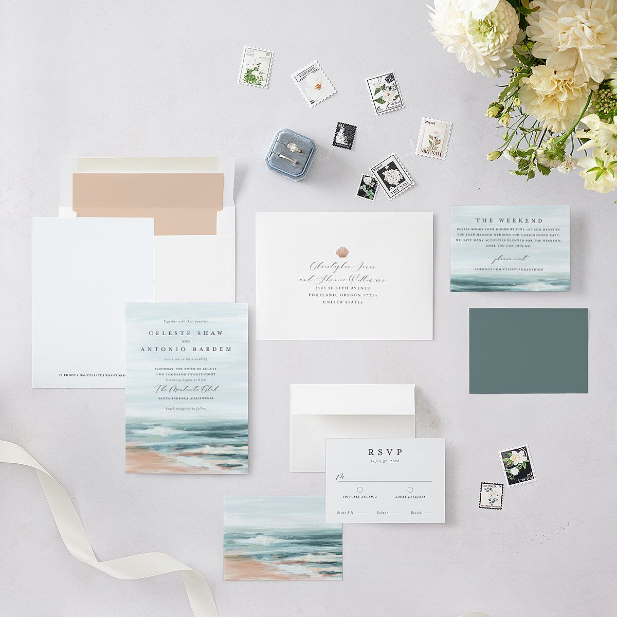 Painted Beach Wedding Invitations Dusty Blue Signature Blank No Standard