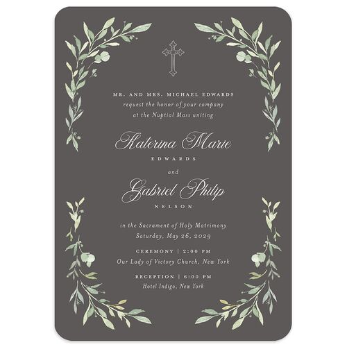 Religious Catholic Cross Greenery Wedding Invitations Smoke Signature Blank No Rounded