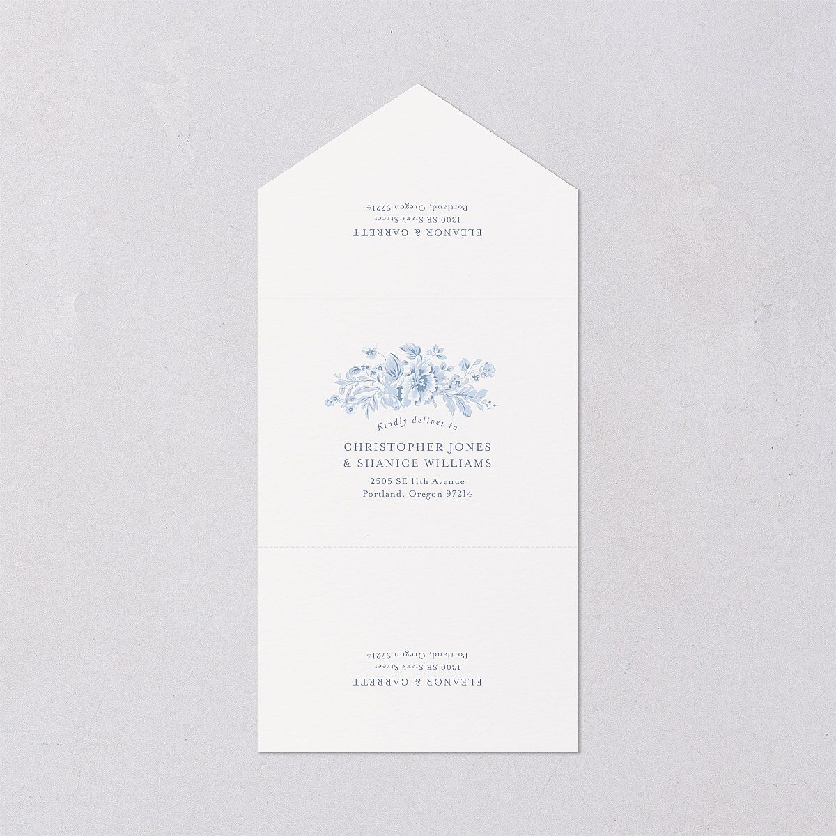 Vintage French Floral Toile All-in-One Wedding Invitations Dusty Blue Signature Light Both Recipient and Return Addresses No