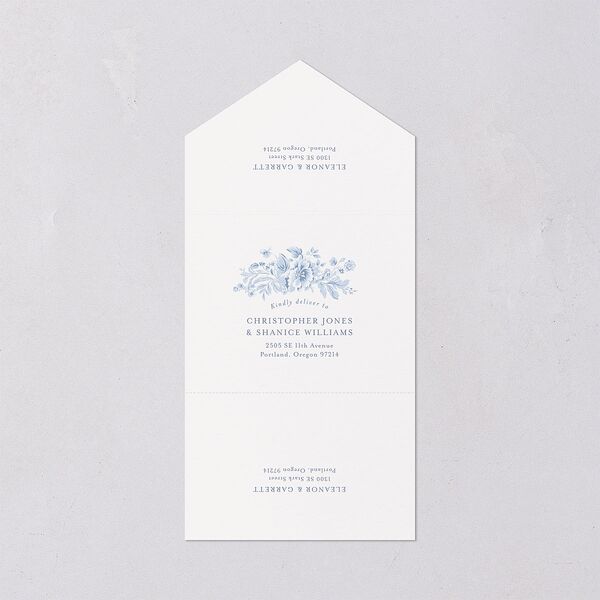 Vintage French Floral Toile All-in-One Wedding Invitations Dusty Blue Signature Light Both Recipient and Return Addresses No