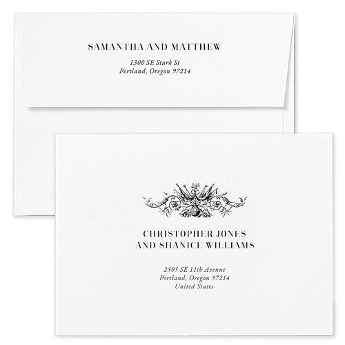 Ornate Vintage Crest Rehearsal Dinner Invitation Envelopes White Pure White Both Recipient and Return Addresses Signature Standard