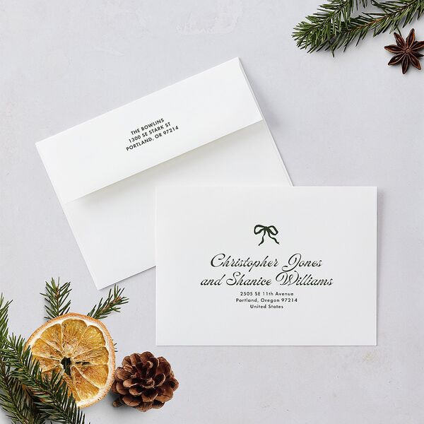 Retro Minimalist Photo Triad Holiday Card Envelopes White Scottish Green Both Recipient and Return Addresses Standard Signature