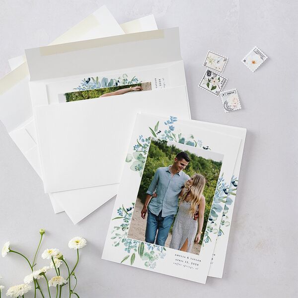In Bloom Save The Date Cards Moody Blue Signature smooth Blank No Standard