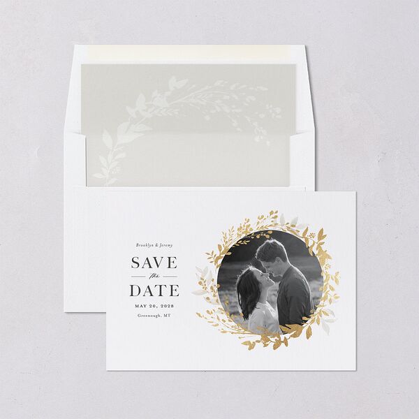 Shining Wreath Foil Save the Date Cards Pure White Gold Signature smooth Blank No Standard