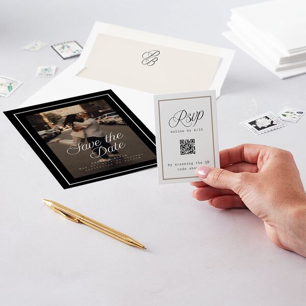 Vintage Script QR Code RSVP Cards Pure White Signature Standard
