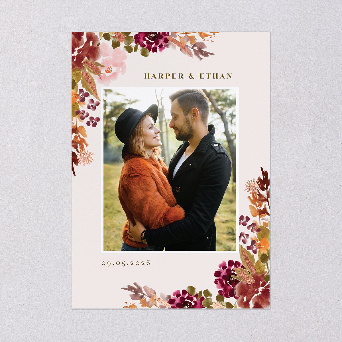 Fall Garland Save The Date Cards Rose Gold Peony Signature smooth Blank No Standard