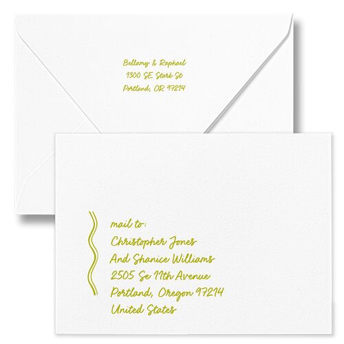 Modern Hand Drawn Wavy Frame Wedding Invitation Euro Envelopes White Chartreuse Both Recipient and Return Addresses Luxe Signature